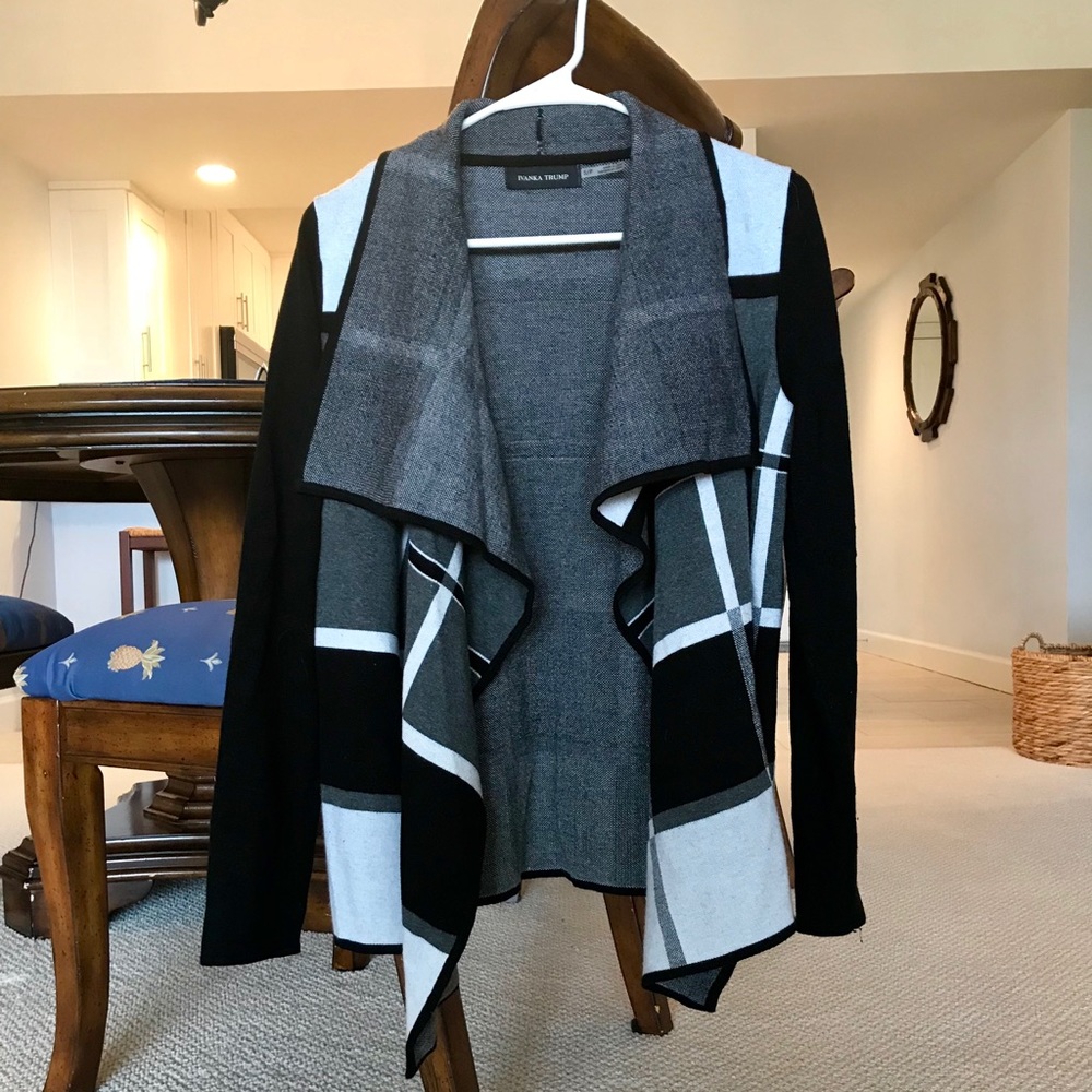 Ivanka Trump Black and Gray Open-Front Draped Cardigan